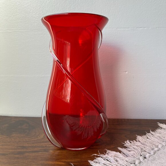 Murano Hand Blown Vase Ruby Red with Clear Swirls 9" Tall - Picture 15 of 16